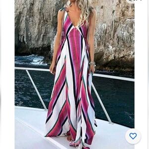 Reversible Maxi Dresses Stripes Straps Neck Fringe Maxi Dress